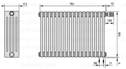 Схема (чертеж) Радиатор Zehnder Charleston 5090/17 №V002 Белый глянцевый RAL 9016
